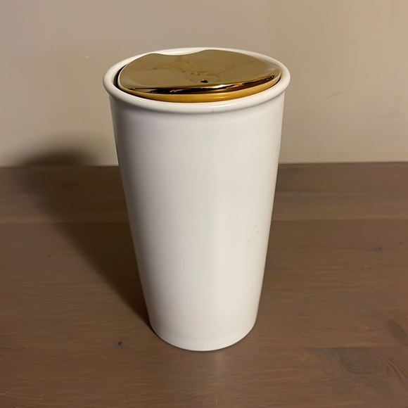 Starbucks White and Gold Peace Sign Ceramic Travel Mug - Picture 4 of 11